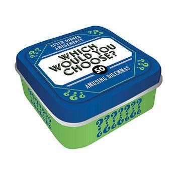 After Dinner Amusements: Which Would You Choose? party game box with blue lid and green base.