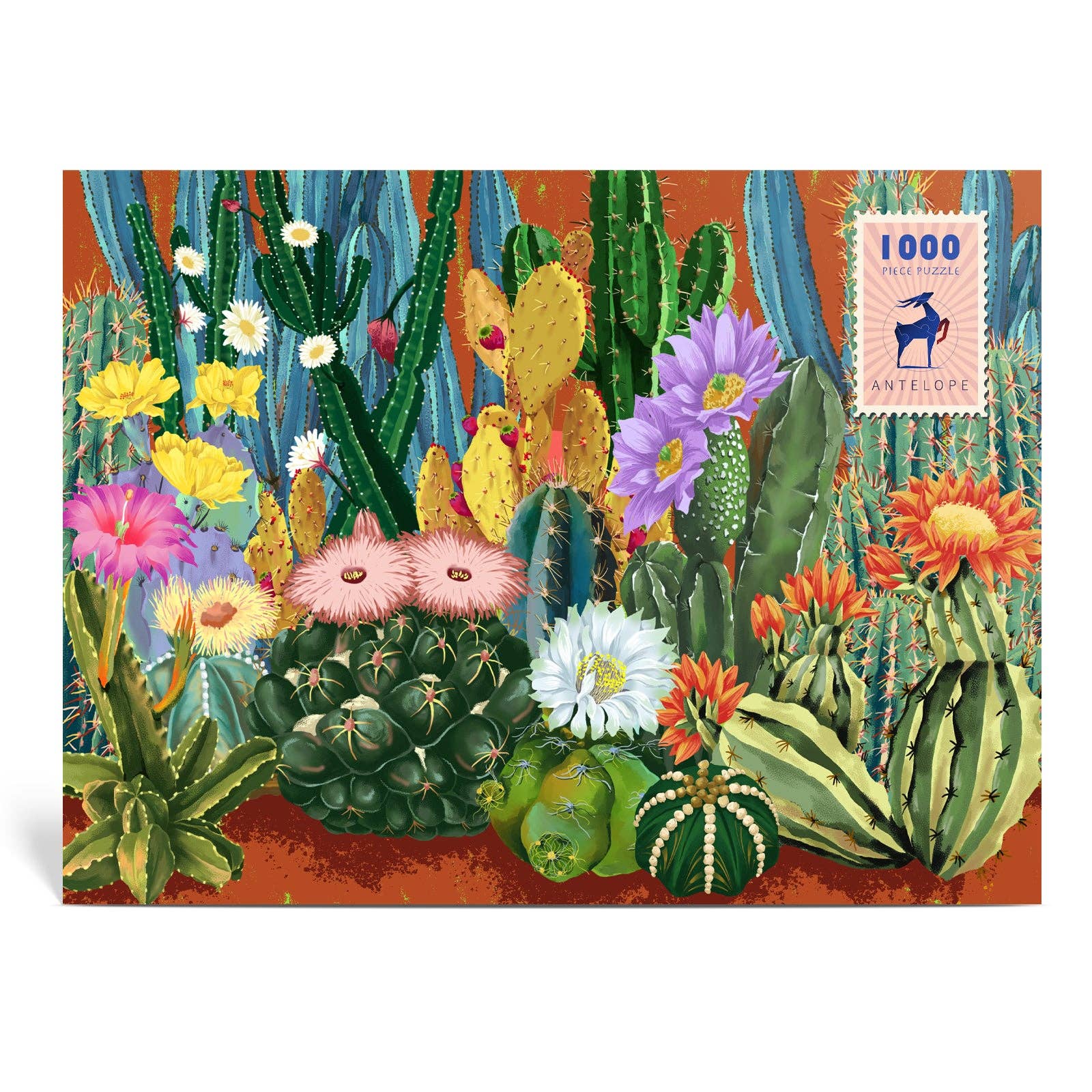 Whisper of Cactus 1000-piece puzzle featuring North American cacti and succulents on reddish-brown by Lynn Weilin.