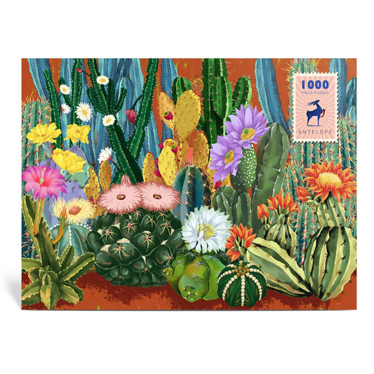 Whisper of Cactus 1000-piece puzzle featuring North American cacti and succulents on reddish-brown by Lynn Weilin.
