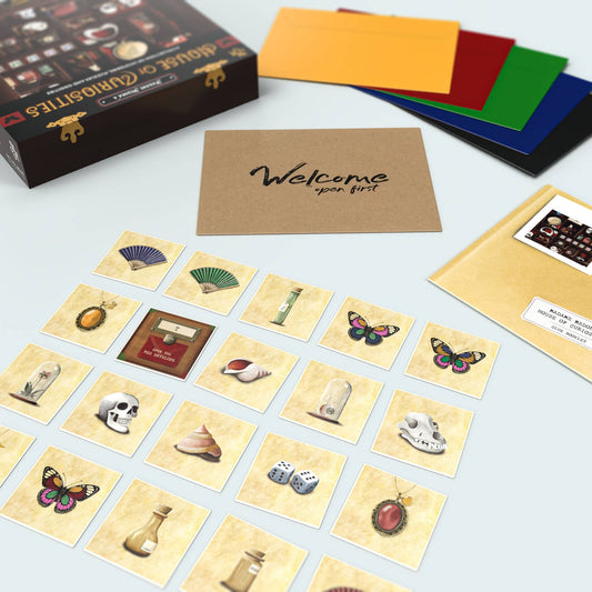 Madame Medoras House of Curiosities Escape-Room Board Game with object cards, envelopes, and Welcome card displayed.
