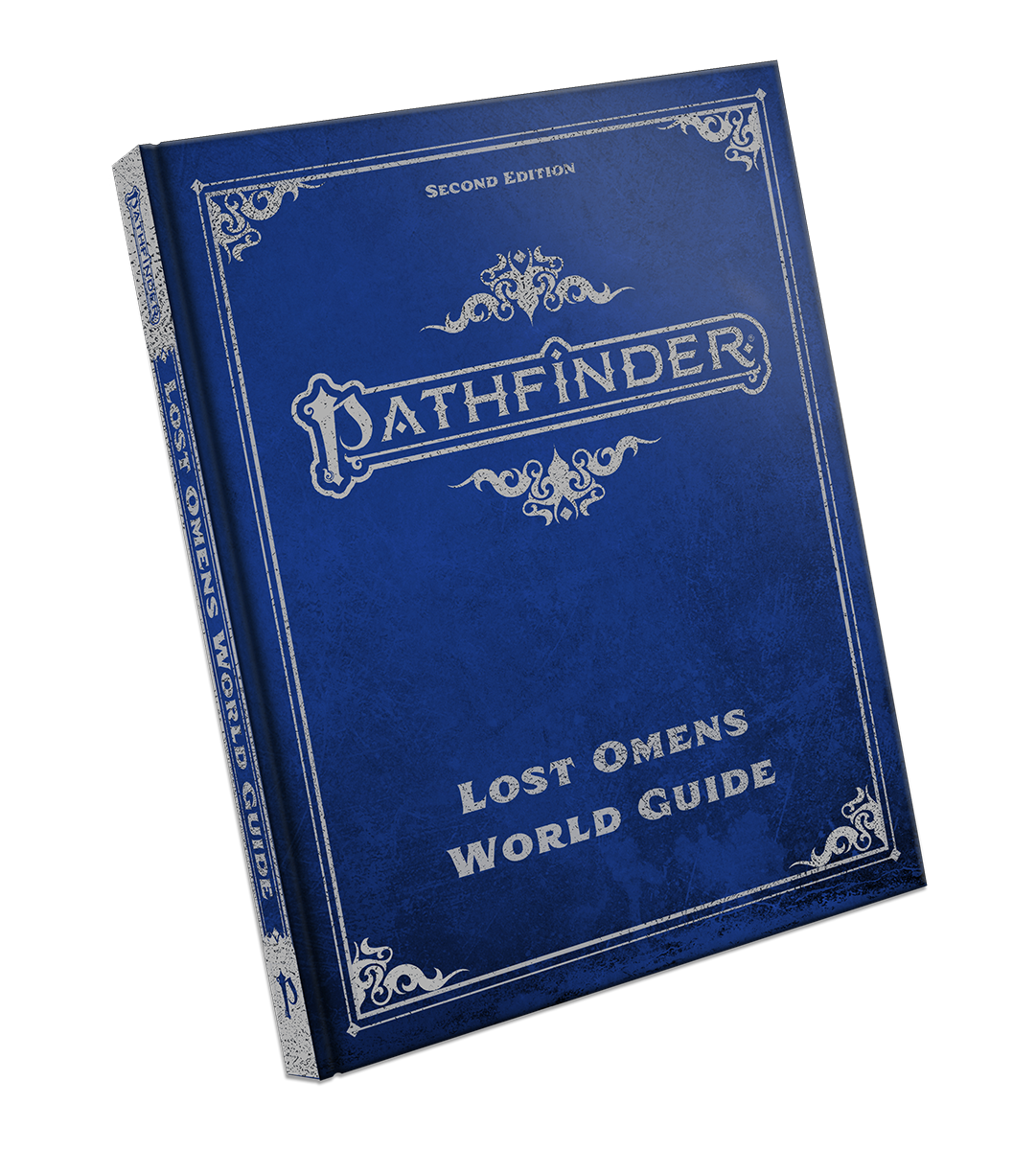 Blue hardcover Pathfinder 2E Lost Omens World Guide Special Edition with white lettering and decoration.