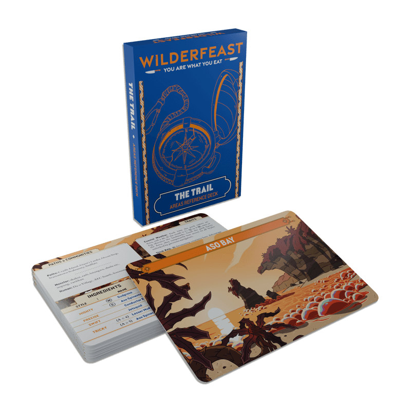 Wilderfeast The Trail Area Reference Deck featuring tarot-sized cards with illustrated ingredients and locations.