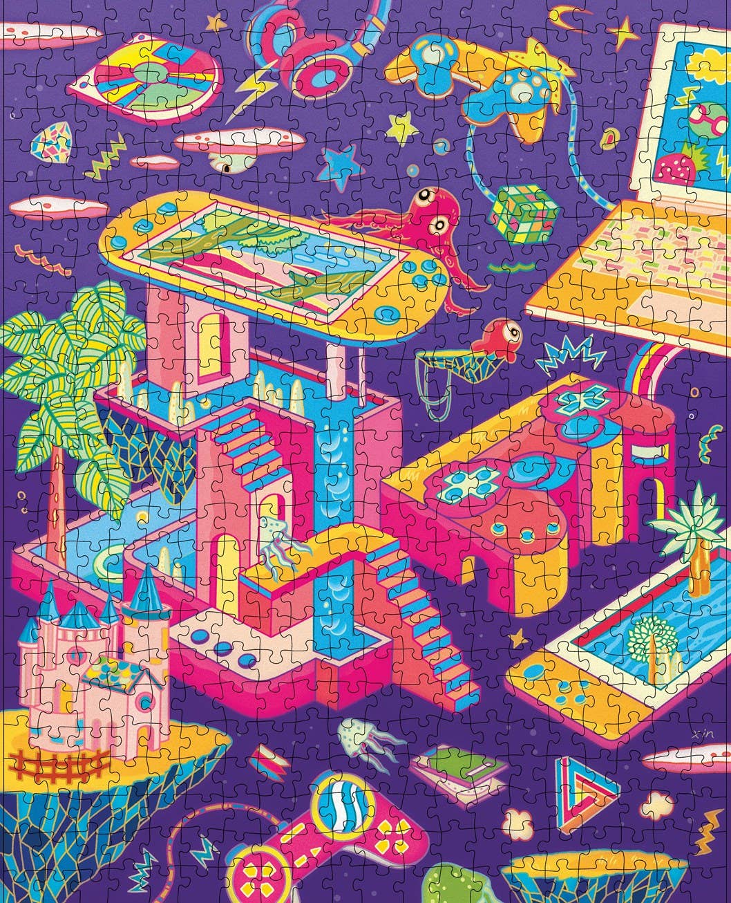 Cozy Gamer 2-in-1 Puzzle, 500 pieces, double-sided with floating islands, gadgets, animals, and pools.