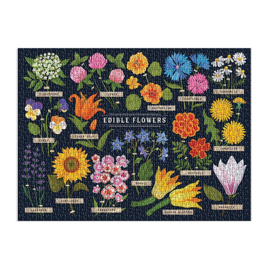Edible Flowers 1000 Piece Puzzle featuring labeled edible flowers on a dark background.