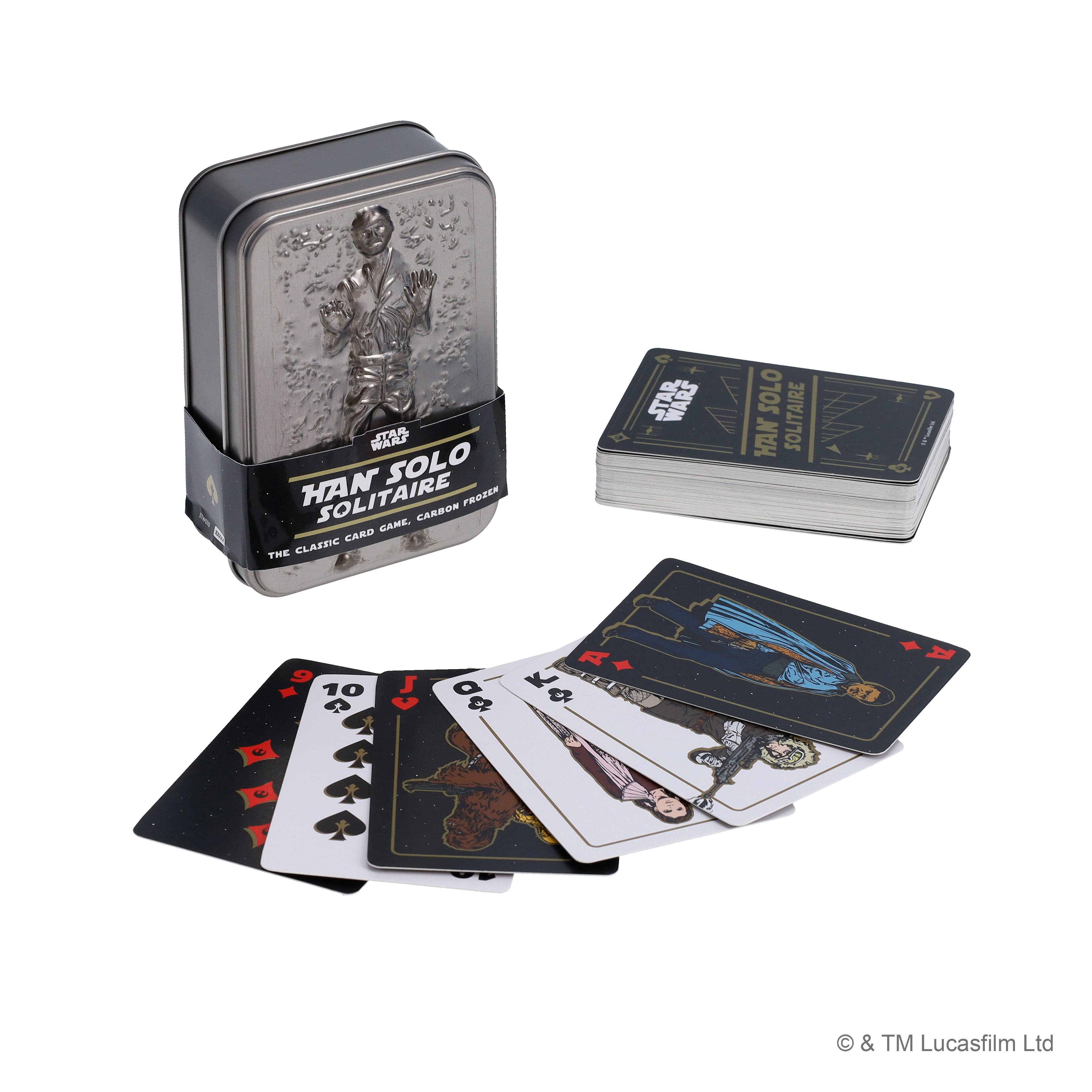 Star Wars Han Solo Solitaire Card Game in tin with playing cards displayed in front.