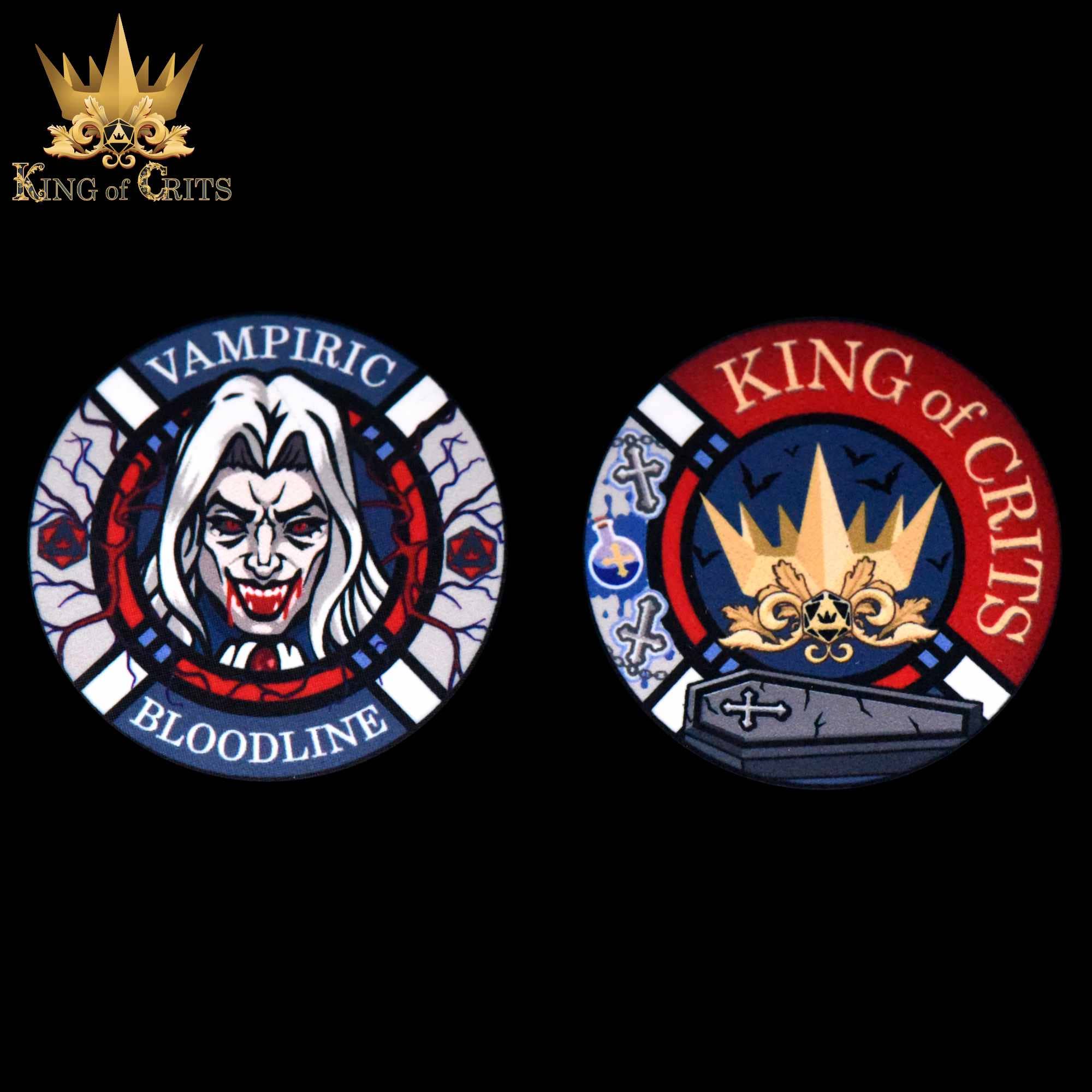 Vampiric Bloodline 11 dice set with a vampire coin and King of Crits die, for DnD.