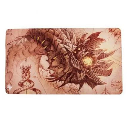 Magic: The Gathering BRO playmat featuring a brown schematic Wurmcoil Engine with glowing eyes.
