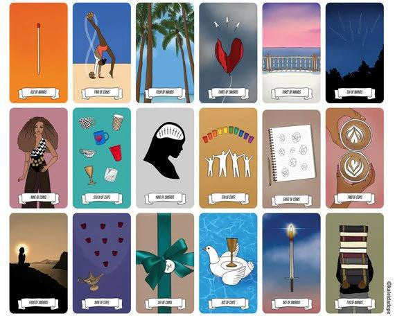 Kaleidadope Tarot Color + Culture cards arranged in a grid, showing diverse illustrated designs.