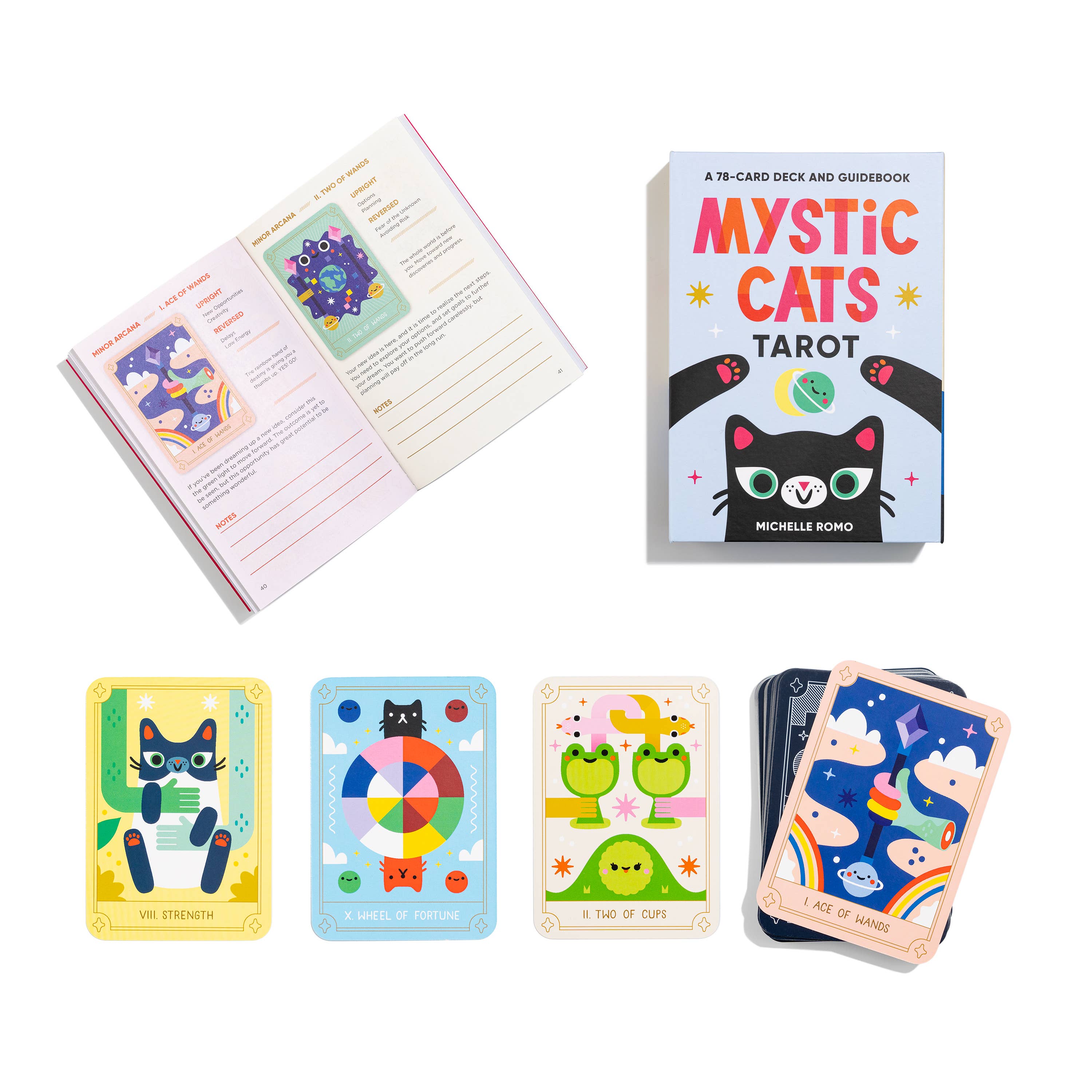 Mystic Cats Tarot, 78-card deck and guidebook featuring kawaii cat designs; includes Strength and Wheel of Fortune cards.