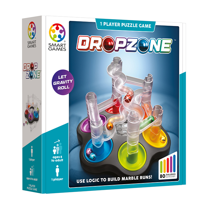 DropZone puzzle game with colorful marble run pieces and the tagline Use Logic to Build Marble Runs.
