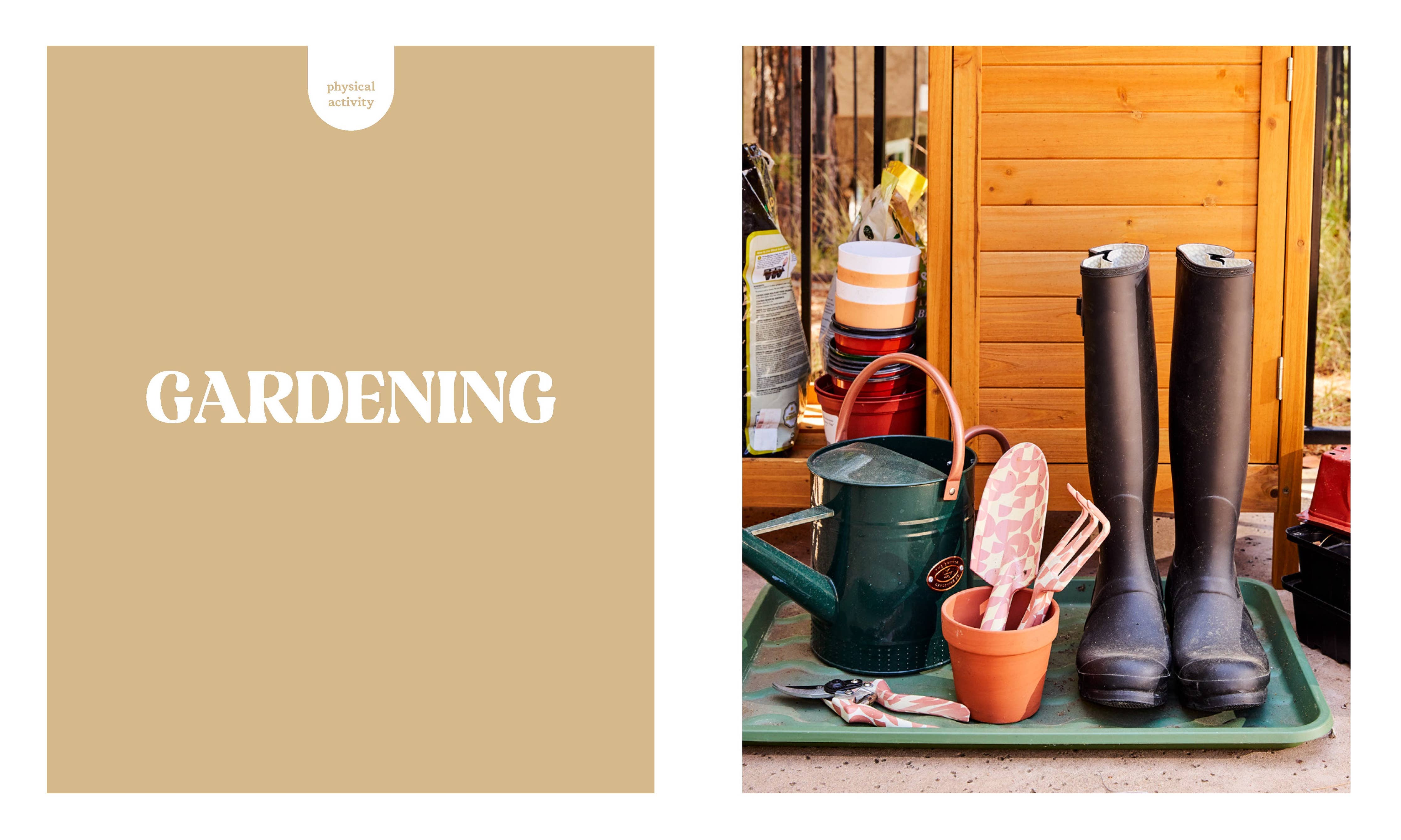 Gardening gear and a watering can placed near a shed.