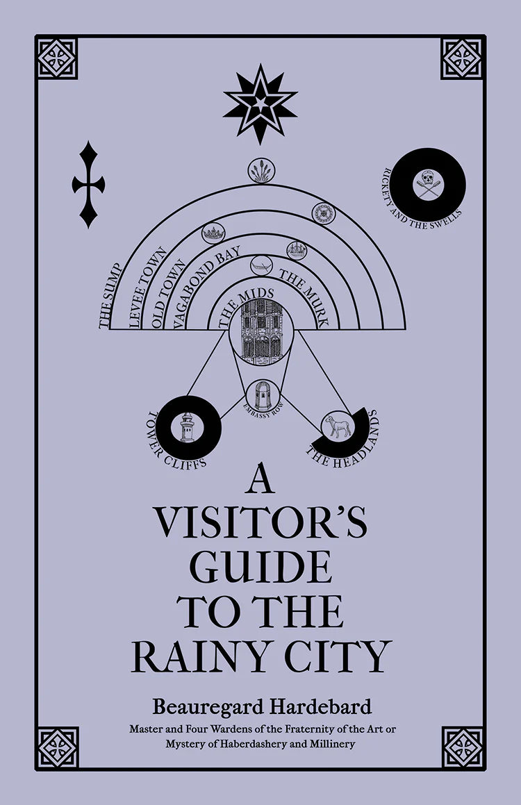 A Visitors Guide to the Rainy City RPG zine, purple cover with diagrams and ornate borders.
