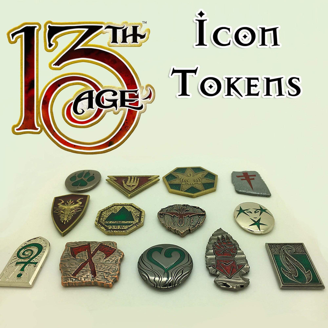13th Age Icon Tokens set by Campaign Coins, 15 unique fantasy icon tokens with distinct symbols.