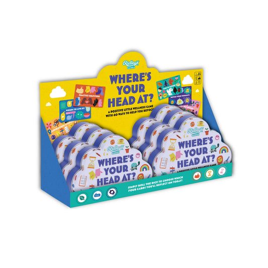 Wheres Your Head At? wellness card game display box with self-care tips.
