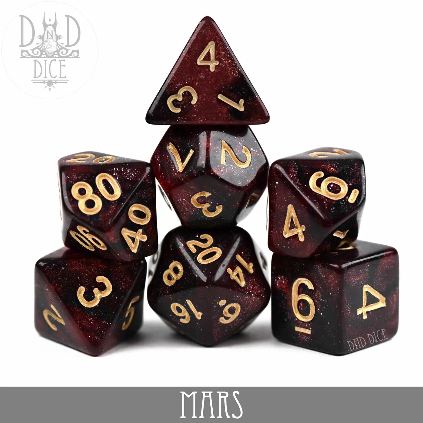 Mars Galaxy 7 Dice Set, red-black polyhedral DND dice with gold numbers.