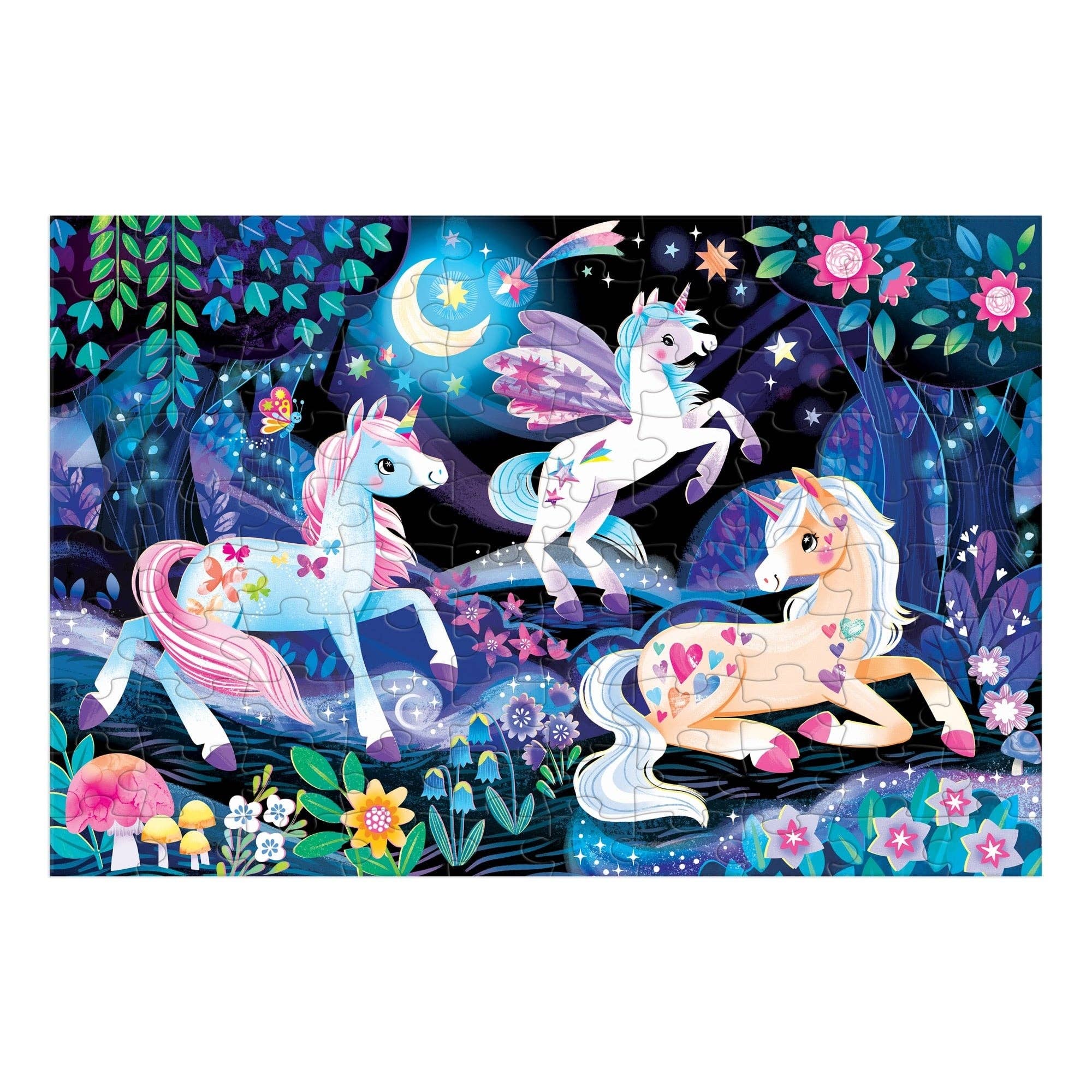 Unicorn Dreams 100 Piece Glow in the Dark Puzzle with unicorns in a moonlit forest.
