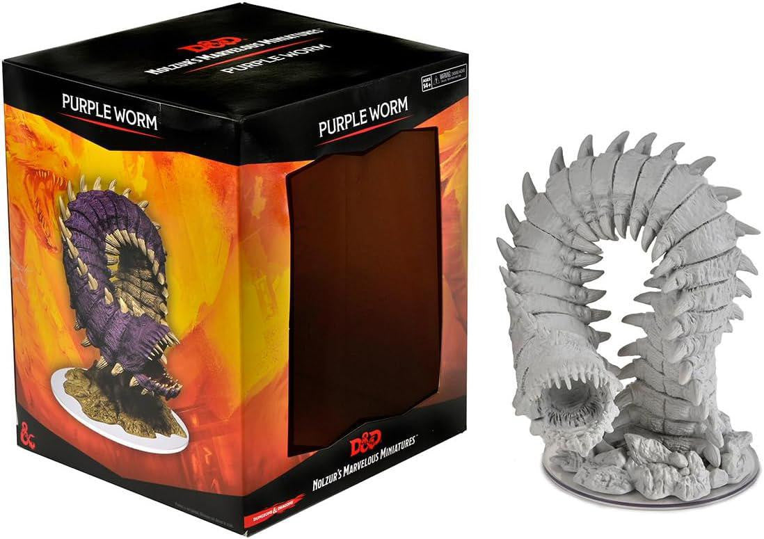 The Purple Worm Unpainted Miniature from Dungeons & Dragons Nolzurs displayed next to its box.