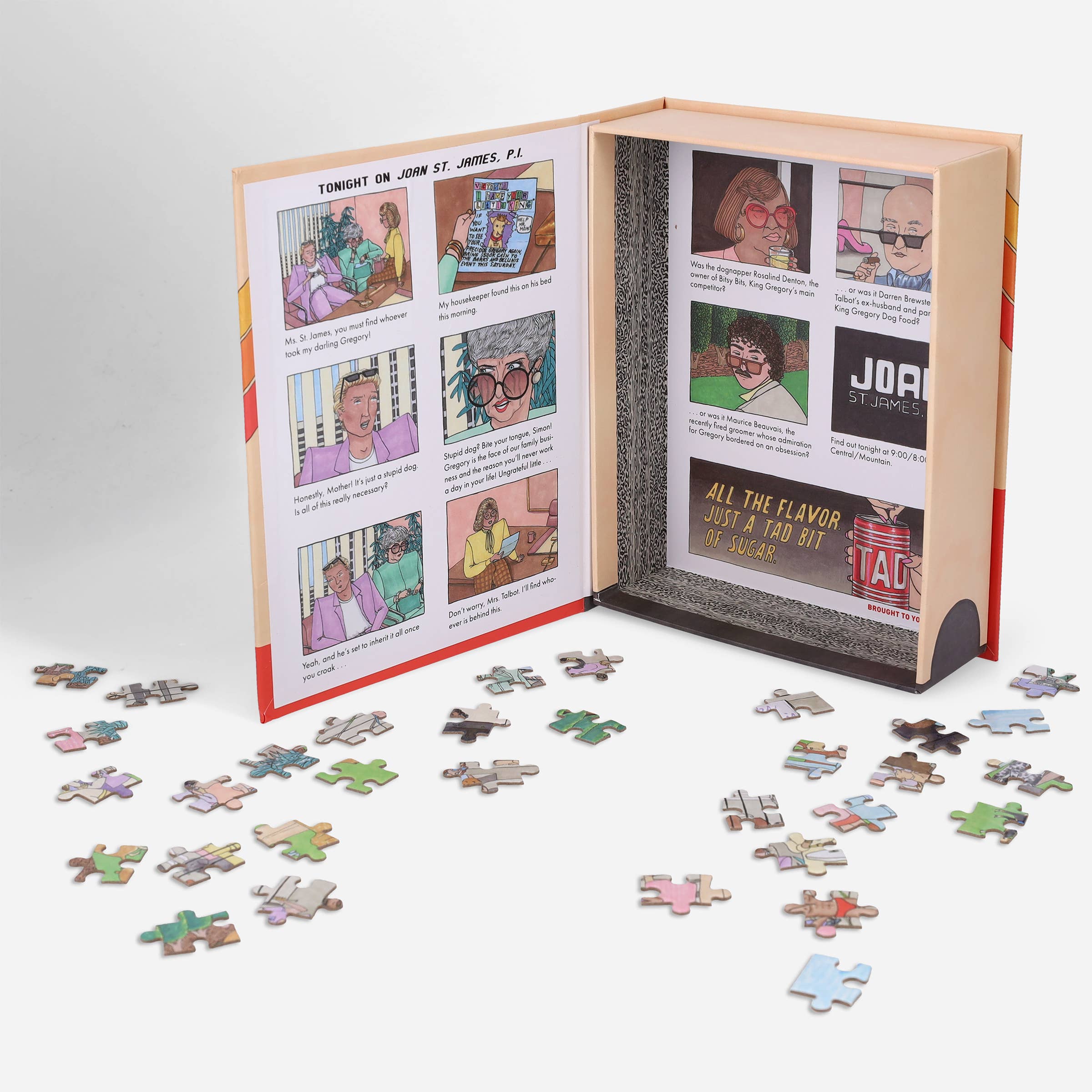 Dognapped 500-piece puzzle box with comic strip scenes and loose puzzle pieces visible inside.