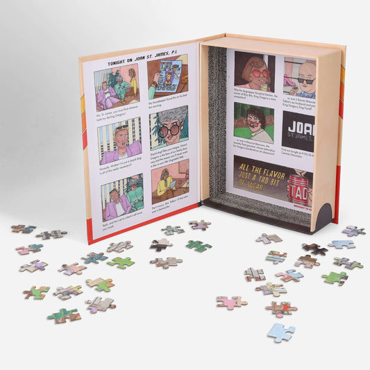 Dognapped 500-piece puzzle box with comic strip scenes and loose puzzle pieces visible inside.
