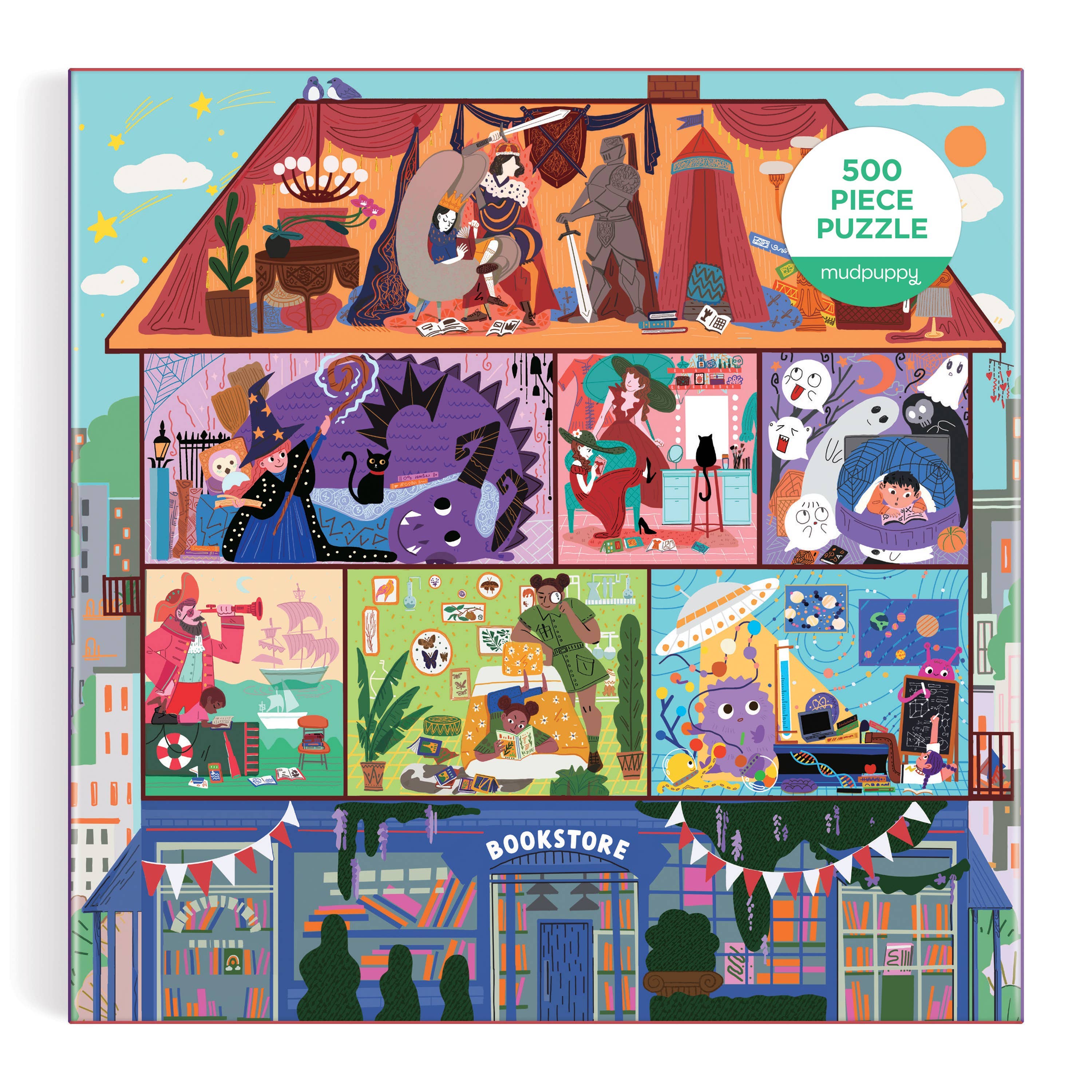 The Magic of Stories 500 Piece Family Puzzle with illustrated house, bookstore, people, and animals.