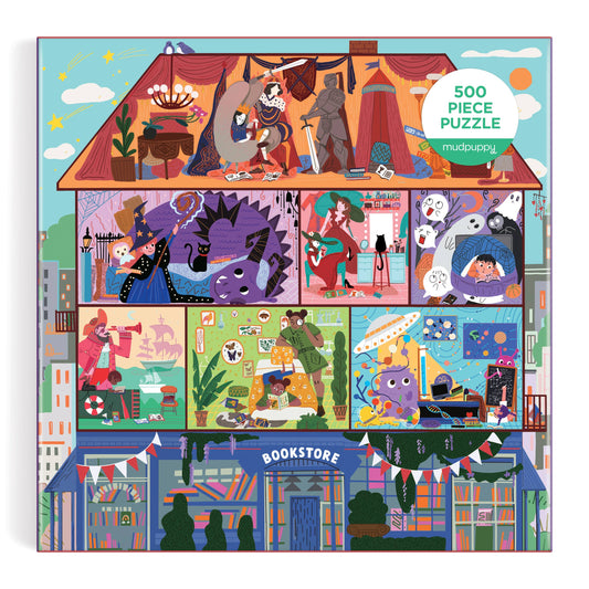 The Magic of Stories 500 Piece Family Puzzle with illustrated house, bookstore, people, and animals.