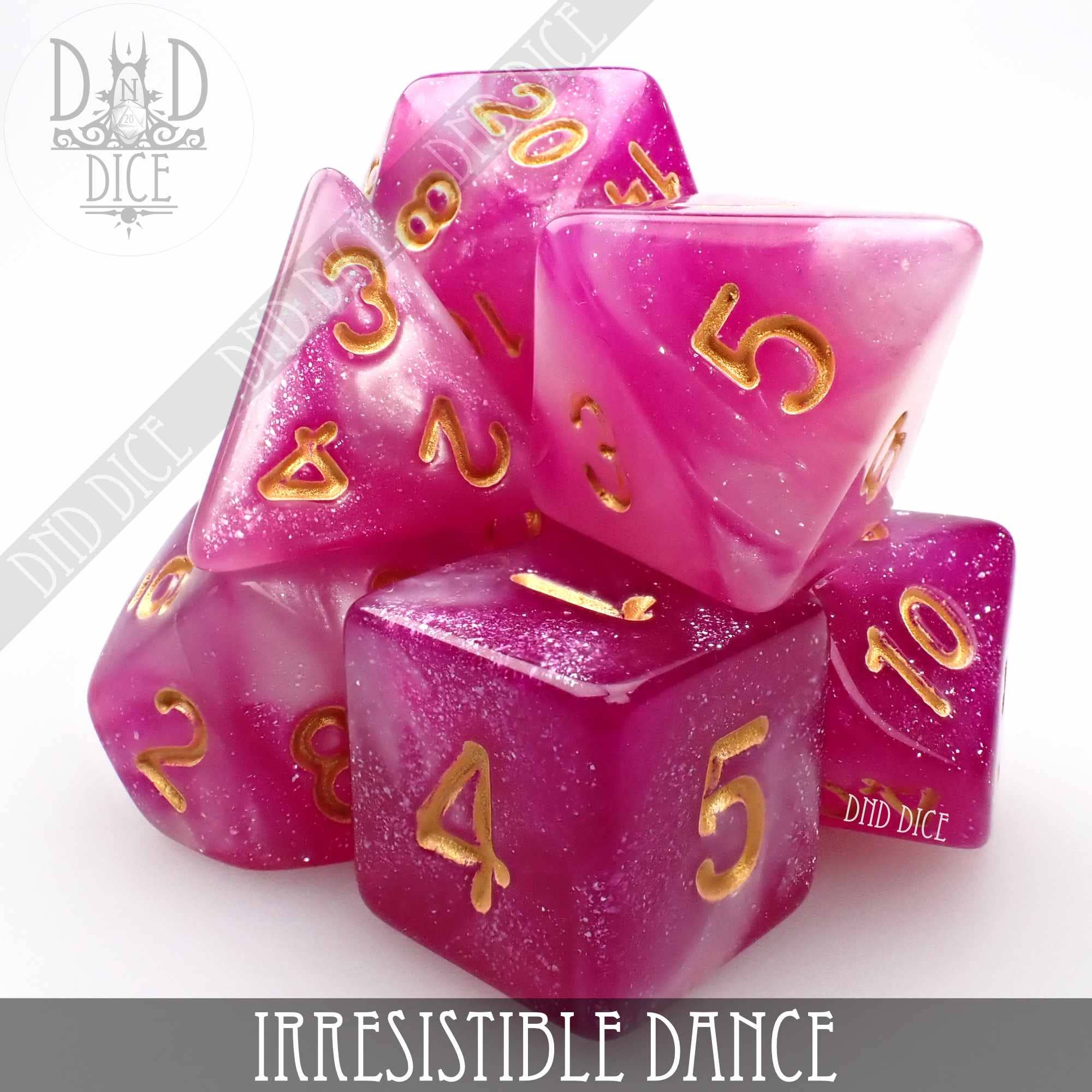 Pink and white marble acrylic DnD dice set with gold numbers.