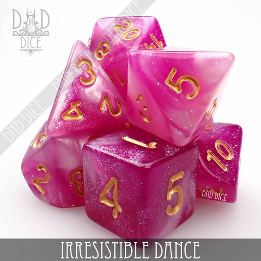 Pink and white marble acrylic DnD dice set with gold numbers.