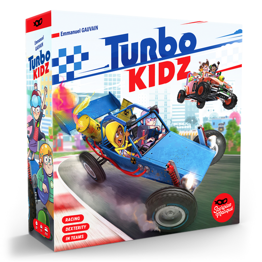 Turbo Kidz game box showing cartoon children racing colorful dune buggies.