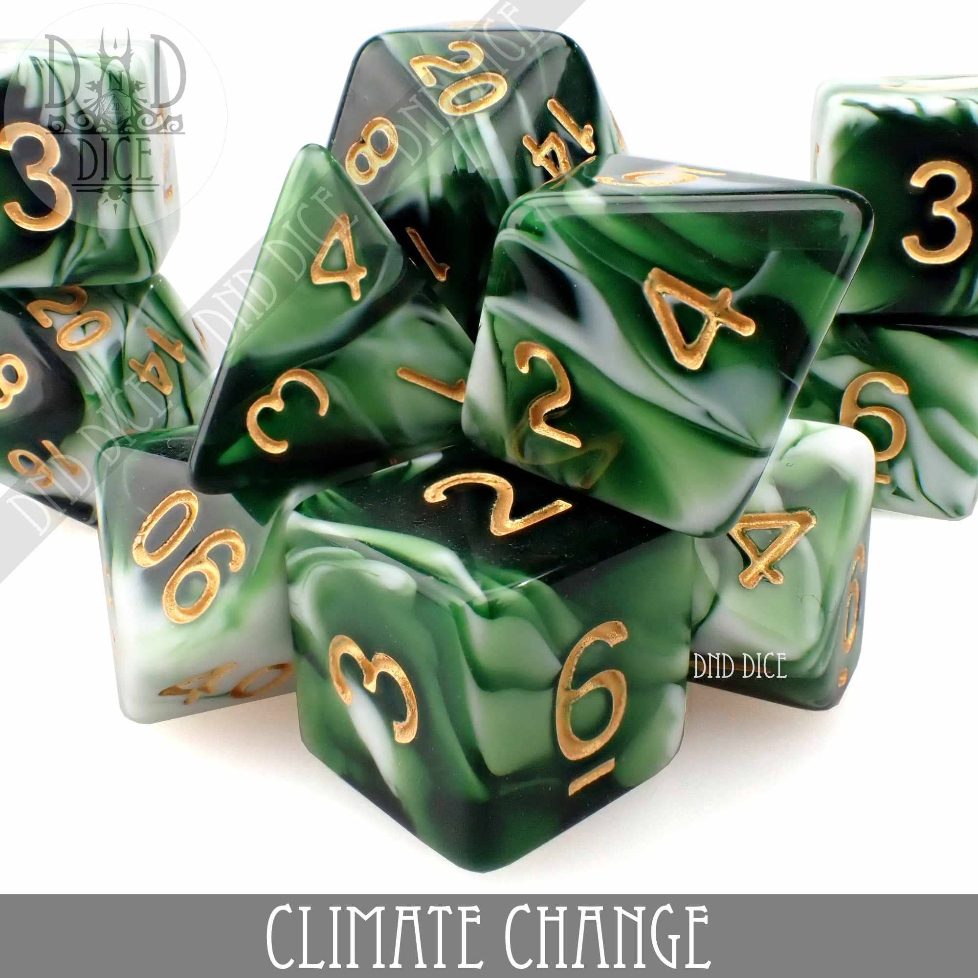 Green and white marbled acrylic polyhedral dice with gold numbers, Climate Change 7 or 11 variant.