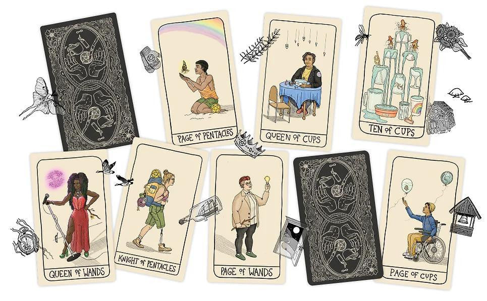 Eight cards from Fifth Spirit Tarot deck showing diverse people and symbolic minor arcana.