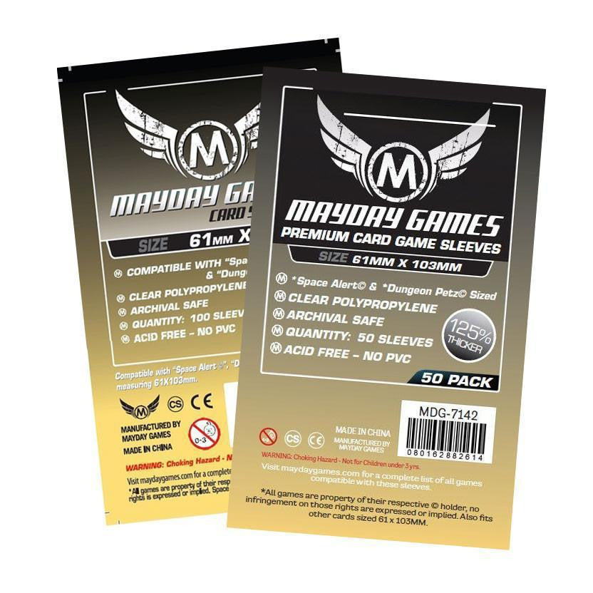 Two packs of Mayday Games 61MM x 103MM archival safe card sleeves, 50 sleeves per pack.