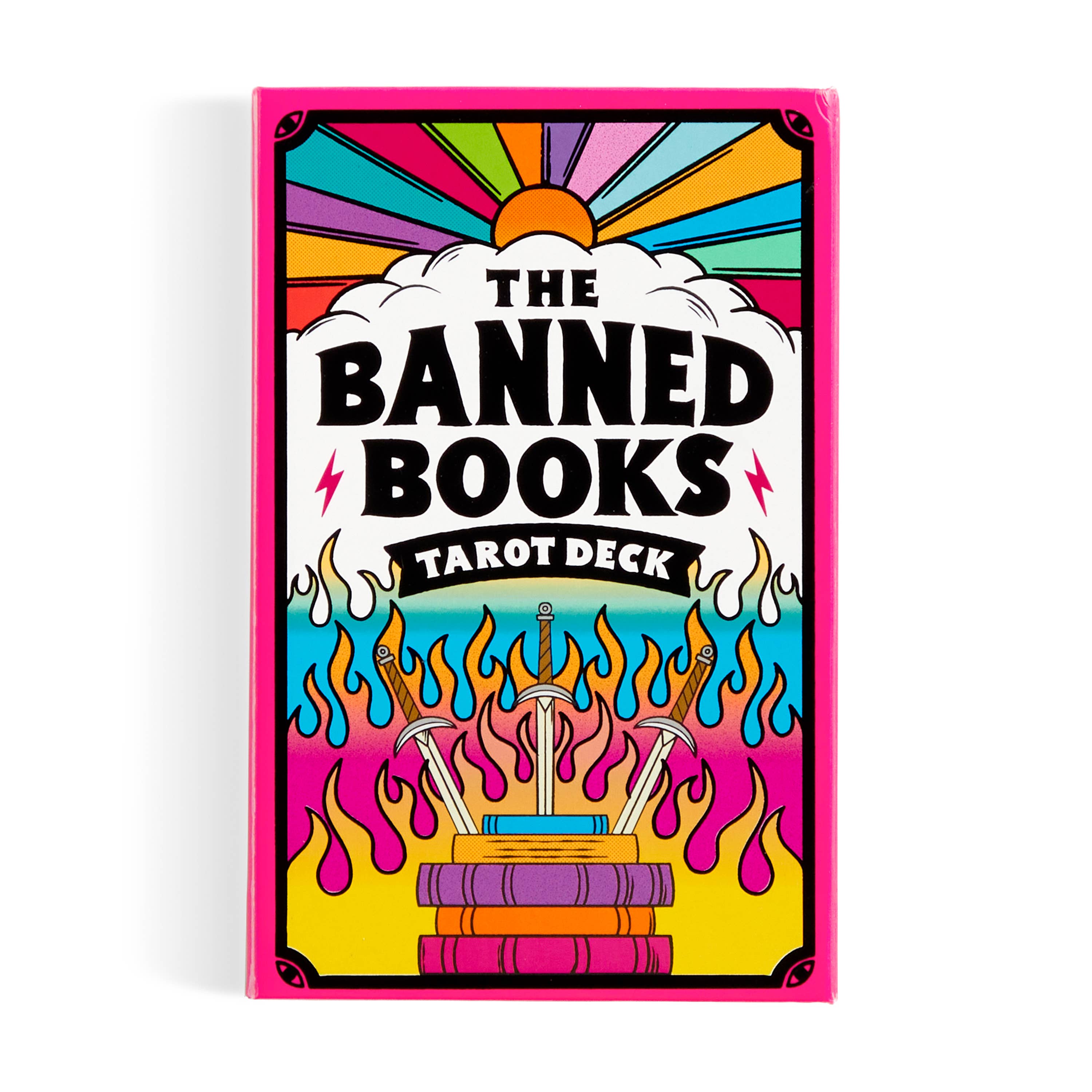 Banned Books Tarot Card Set with illustrated box featuring books and flames.