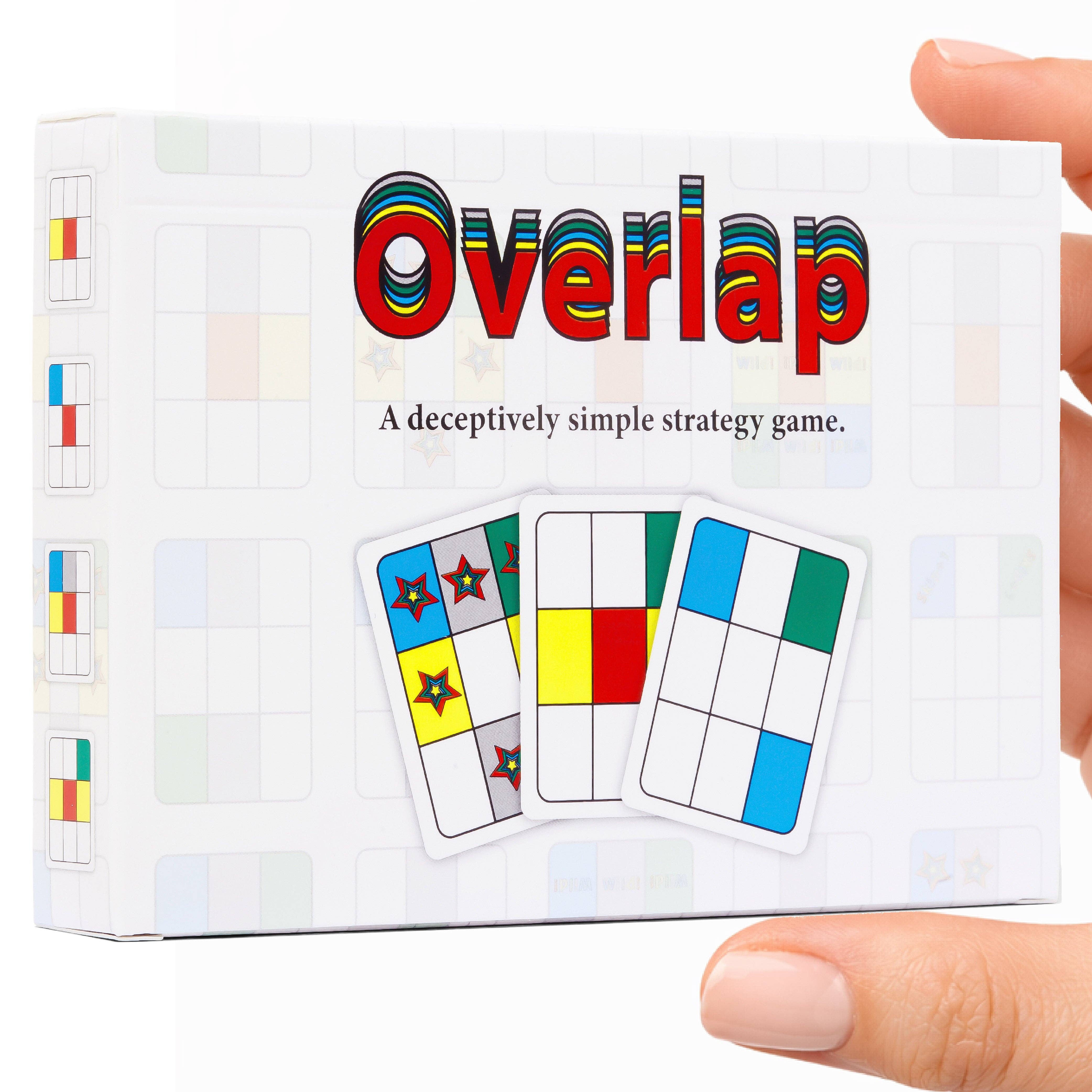 Overlap strategy game box with three game cards showing colored geometric patterns.