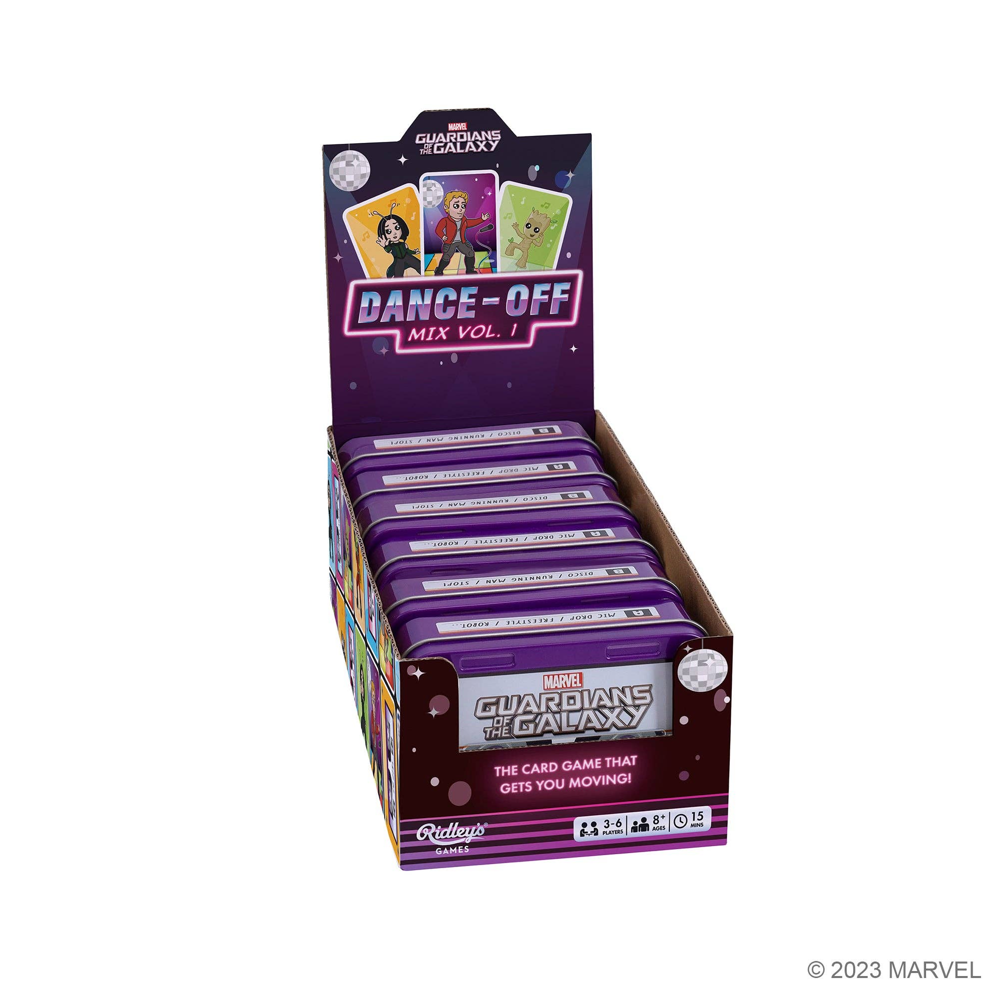 Marvel Guardians of the Galaxy Dance-off game display box with Star-Lord and several game boxes inside.