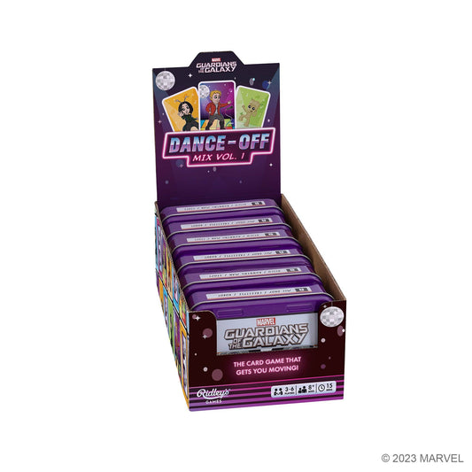 Marvel Guardians of the Galaxy Dance-off game display box with Star-Lord and several game boxes inside.