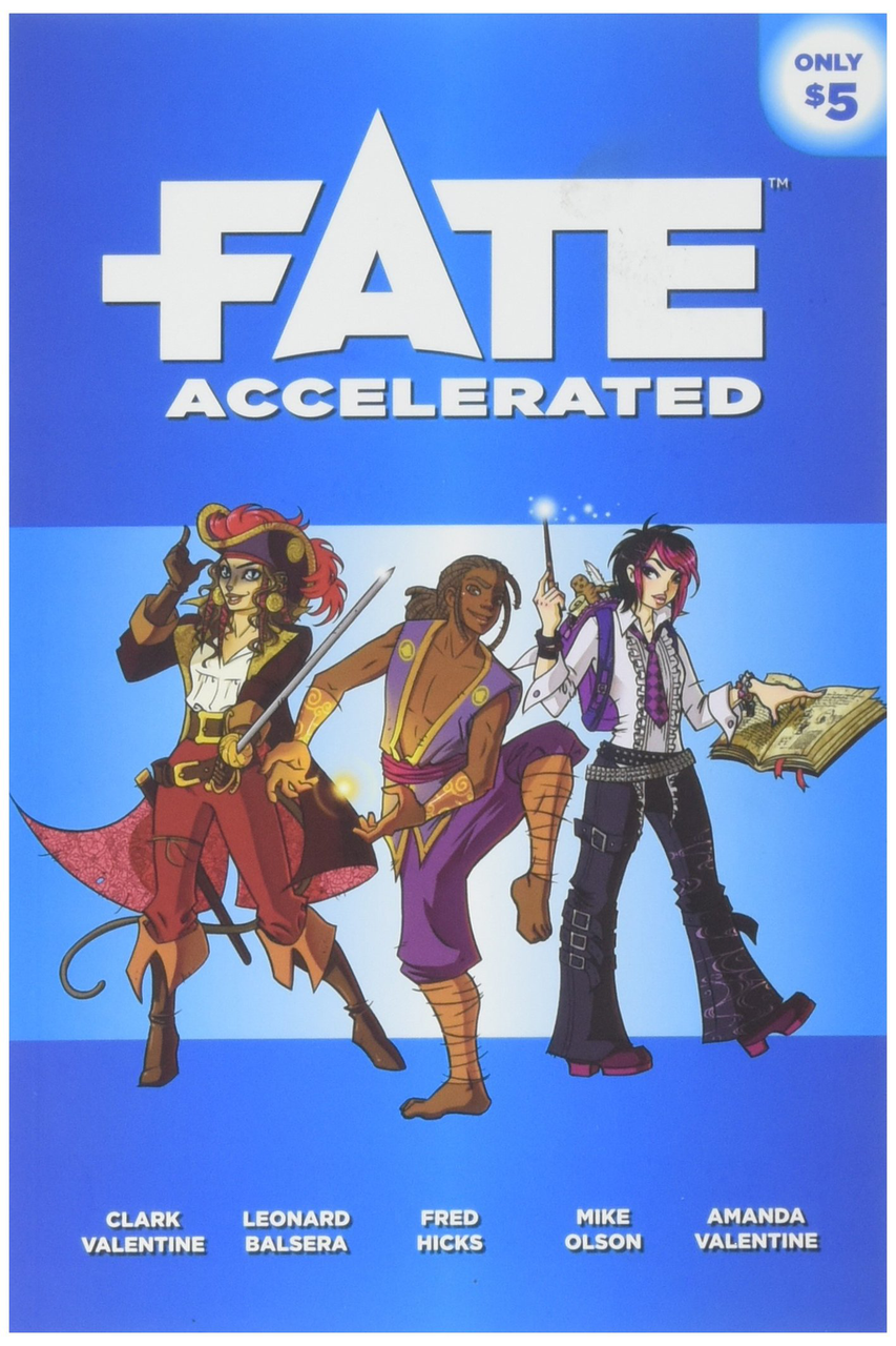 Fate Accelerated (Fate Core) cover featuring three fantasy characters and the title on a blue background.