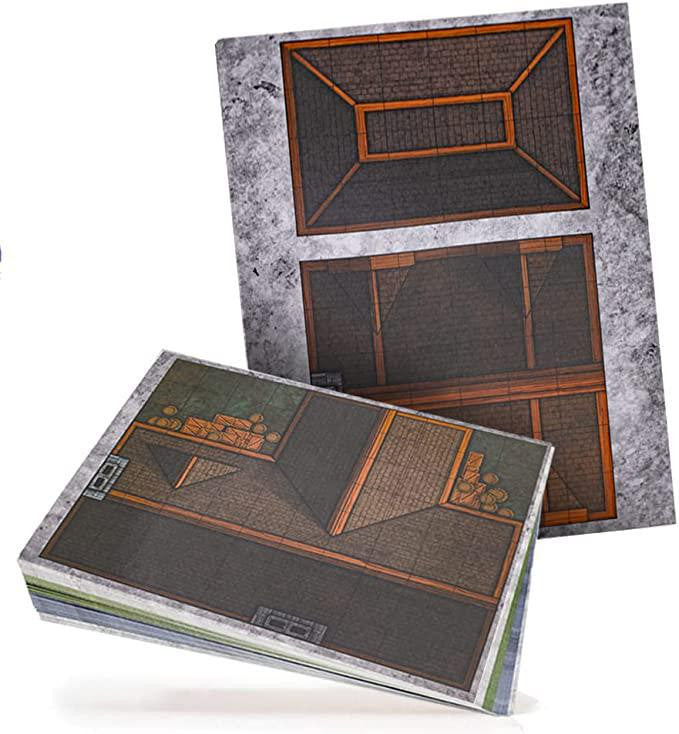 Dungeon Craft Buildings Pack 2D Terrain for DnD RPG, showing town assets, wood floors, and stone walls on illustrated maps.