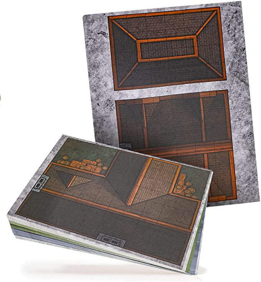 Dungeon Craft Buildings Pack 2D Terrain for DnD RPG, showing town assets, wood floors, and stone walls on illustrated maps.