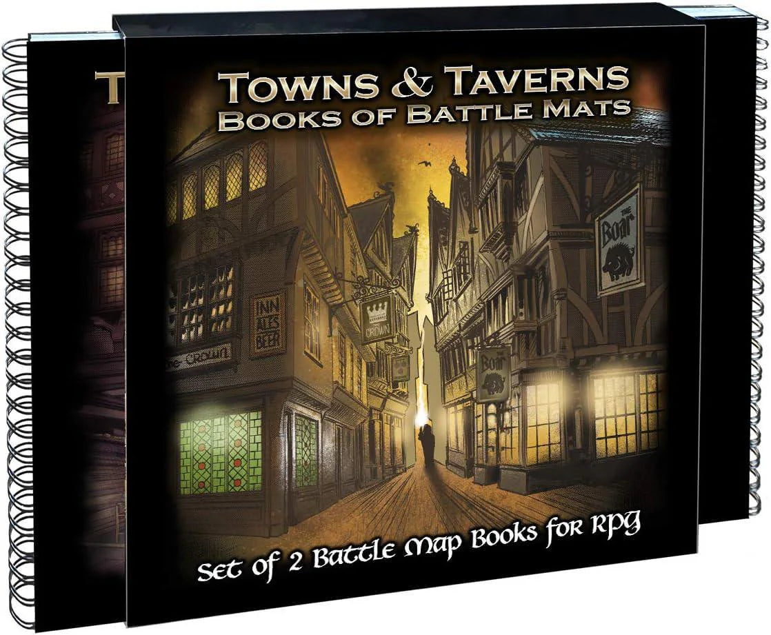 Two spiral-bound Towns & Taverns Book of Battle Mats for RPGs.