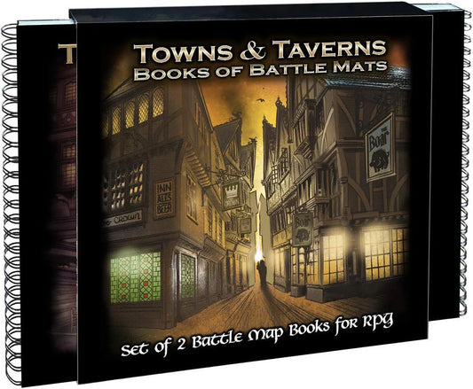 Two spiral-bound Towns & Taverns Book of Battle Mats for RPGs.