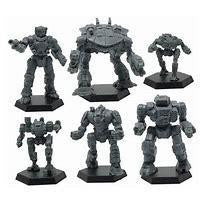 Six gray BattleTech ComStar Command Level II mech miniatures on hex bases, each in a unique pose.