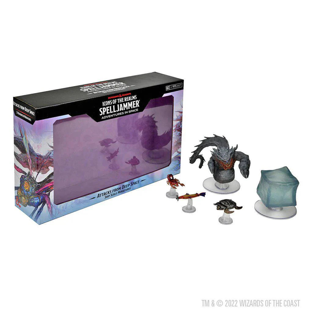 D&D Icons of the Realms Spelljammer Ship Scale Attacks from Deep Space boxed set with 5 fantasy creature miniatures.