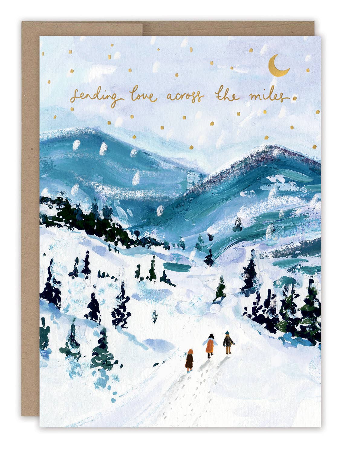 Sending Love Across Miles Holiday Card printed on recycled paper, featuring three figures walking snowy hills under stars.