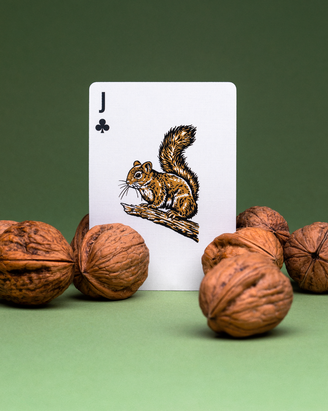Smokey Bear playing cards, Jack of clubs with squirrel and walnuts, FSC certified paper.