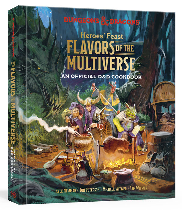 Heroes Feast FLAVORS OF THE MULTIVERSE cookbook cover featuring fantasy characters preparing recipes.