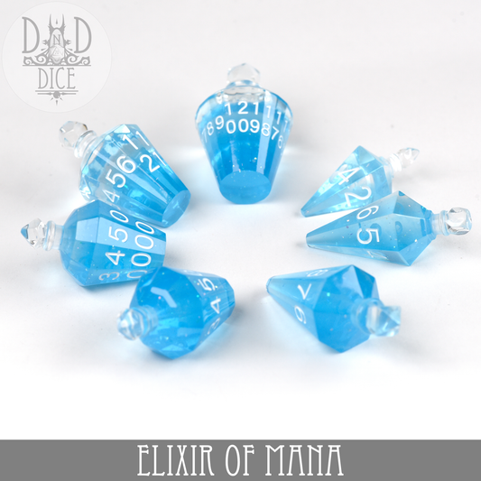 Seven blue resin polyhedral dice with white numbers labeled “Elixir of Mana” on a white background.