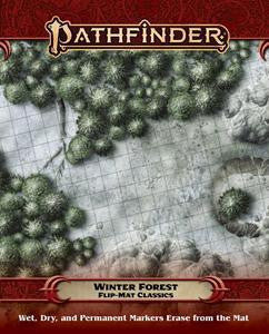 Pathfinder: Flip-Mat - Winter Forest, featuring a map with snow-covered trees, rocks, and icy terrain.