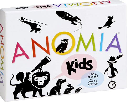 Anomia Kids card game with colorful text and animal silhouettes, designed to support speech-language skills.