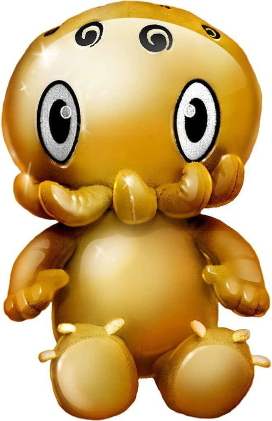 C is for Cthulhu GOLD Plush, upright cartoon octopus with large eyes and small tentacles, facing forward.
