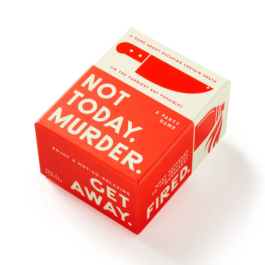 Brass Monkey Not Today, Murder Game box in red and white with a knife graphic on the lid.